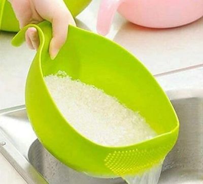 Plastic Rice Washing Bowl Strainer Basket with Handle, Green