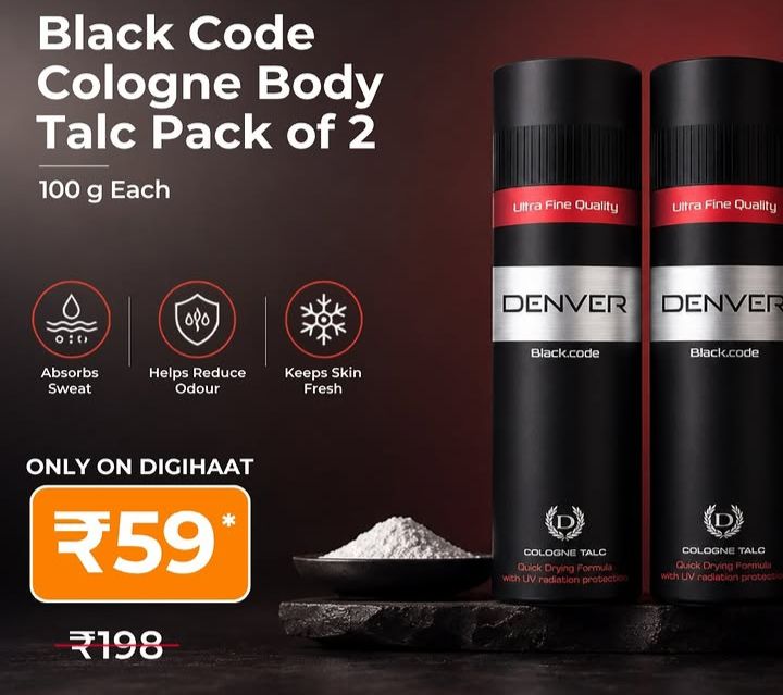 DENVER Black Code Cologne Body Talc - 100g Each (Pack of 2) Scented Talcum Powder