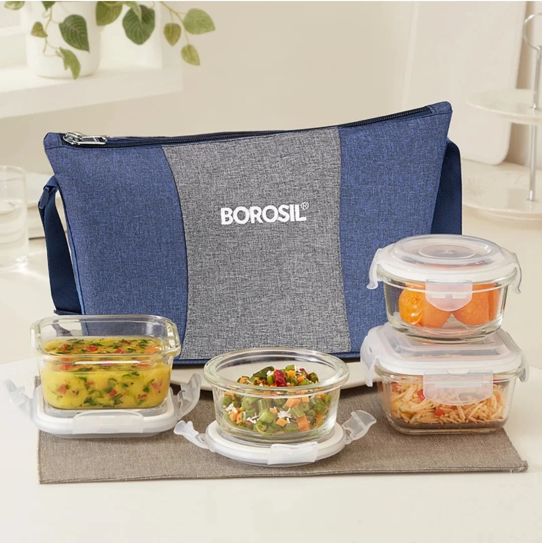 BOROSIL Alora Daisy Borosilicate Glass Lunchbox, 4pc Set (320ml x 2 + 240ml x 2)(1120 ml)