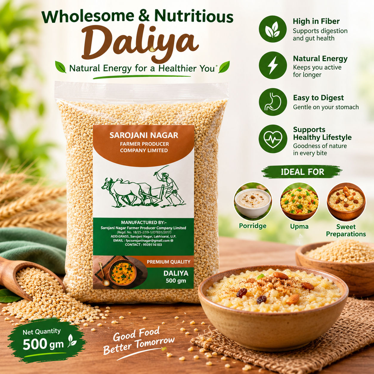 Wholesome, fiber-rich, and easy to digest, our Daliya is a natural source of energy and nutrition.