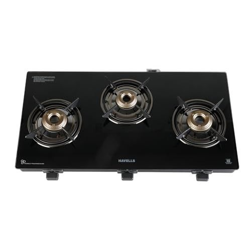 Havells GEOSLIM JUMBO Gas stove |3 Heavy Duty Forged Brass Burner|6 mm Toughened Glass|Premium Valves|Removable Drip Tray|Soft Touch Knobs|5 year Warranty on Burners, Glass & Valves by Havells (Black)