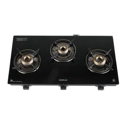 Havells GEOSLIM JUMBO Gas stove |3 Heavy Duty Forged Brass Burner|6 mm Toughened Glass|Premium Valves|Removable Drip Tray|Soft Touch Knobs|5 year Warranty on Burners, Glass & Valves by Havells (Black)