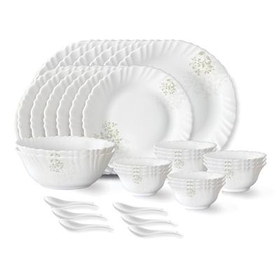 Larah by Borosil Ingot Fluted Series Opalware Dinner Set | 33 Pieces