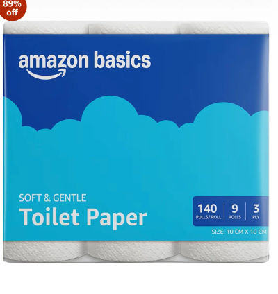 Amazon brand- Amazon Basics 3 ply Toilet tissue Paper Roll 1260 pulls | 140 pulls x 9 Rolls| Soft & Gentle| Chemical-Free