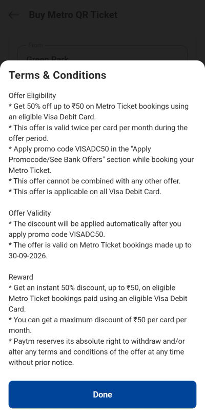 Paytm: Get 50% off upto 50 rs on Metro ticket booking using VISA DC & CC