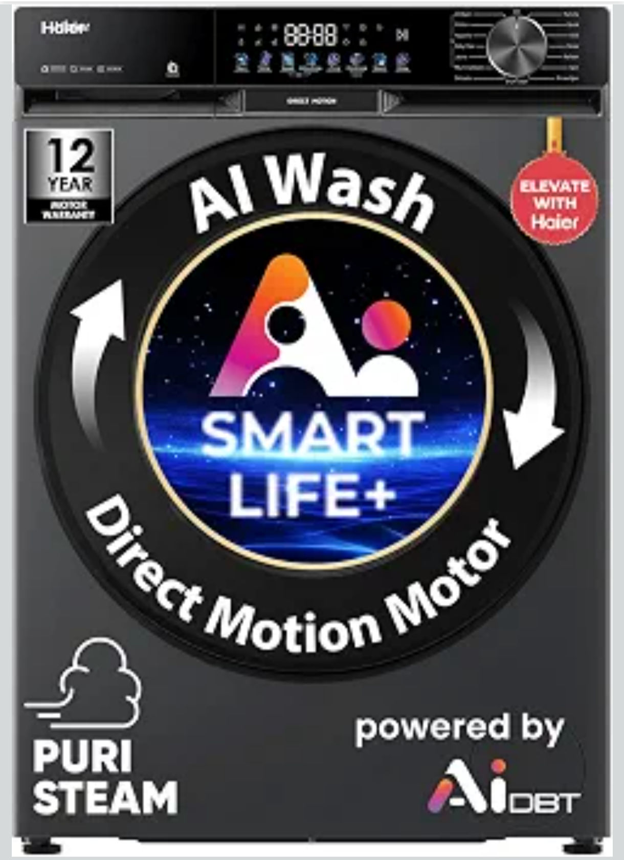 Haier Smart Choice 12 Kg, 5 Star, AI Smart LIFE+, Hygienic Care,ABT,525 mm Super Drum, Refresh,Direct Motion Motor,WiFi enabled, Fully Automatic Front Load Washer (EFL120-DM14F5ES8U1|Dark Jade Silver)