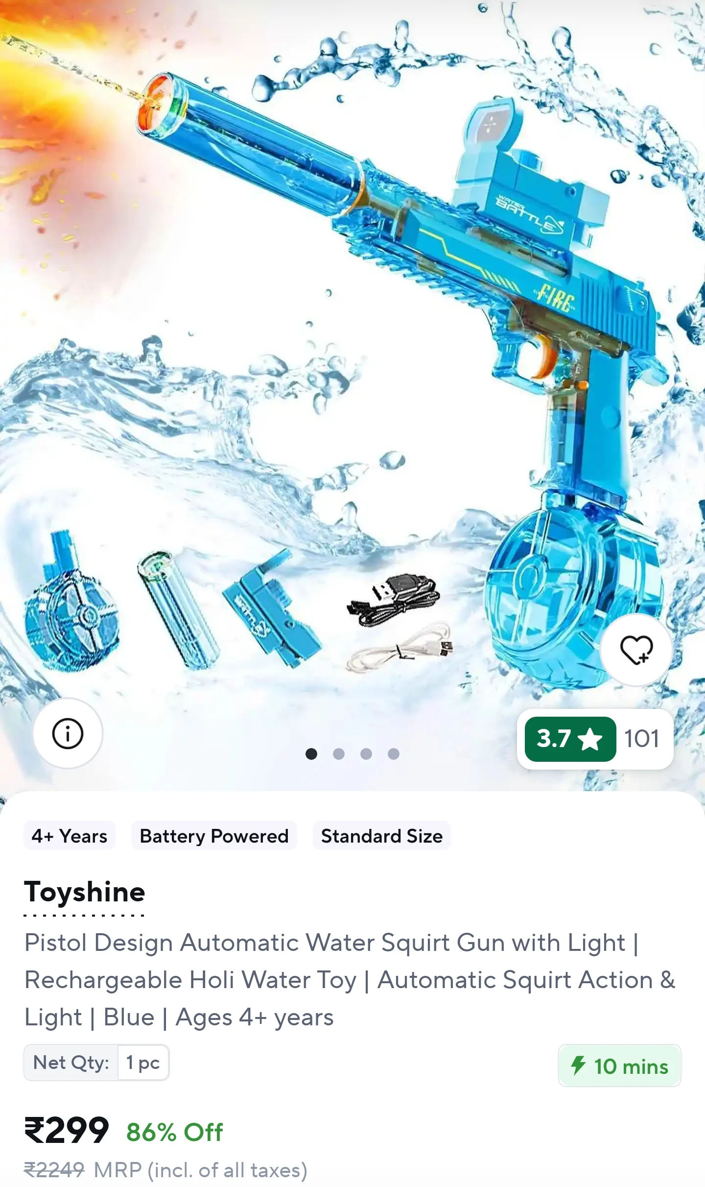Toyshine Pistol Design Automatic Water Squirt Gun with light rechargeable