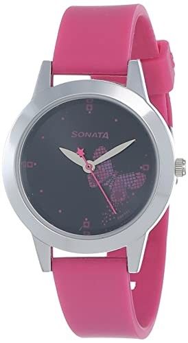 Sonata Quartz Analog Black Dial Pink Plastic Strap Watch for Women - NS87019SP01W