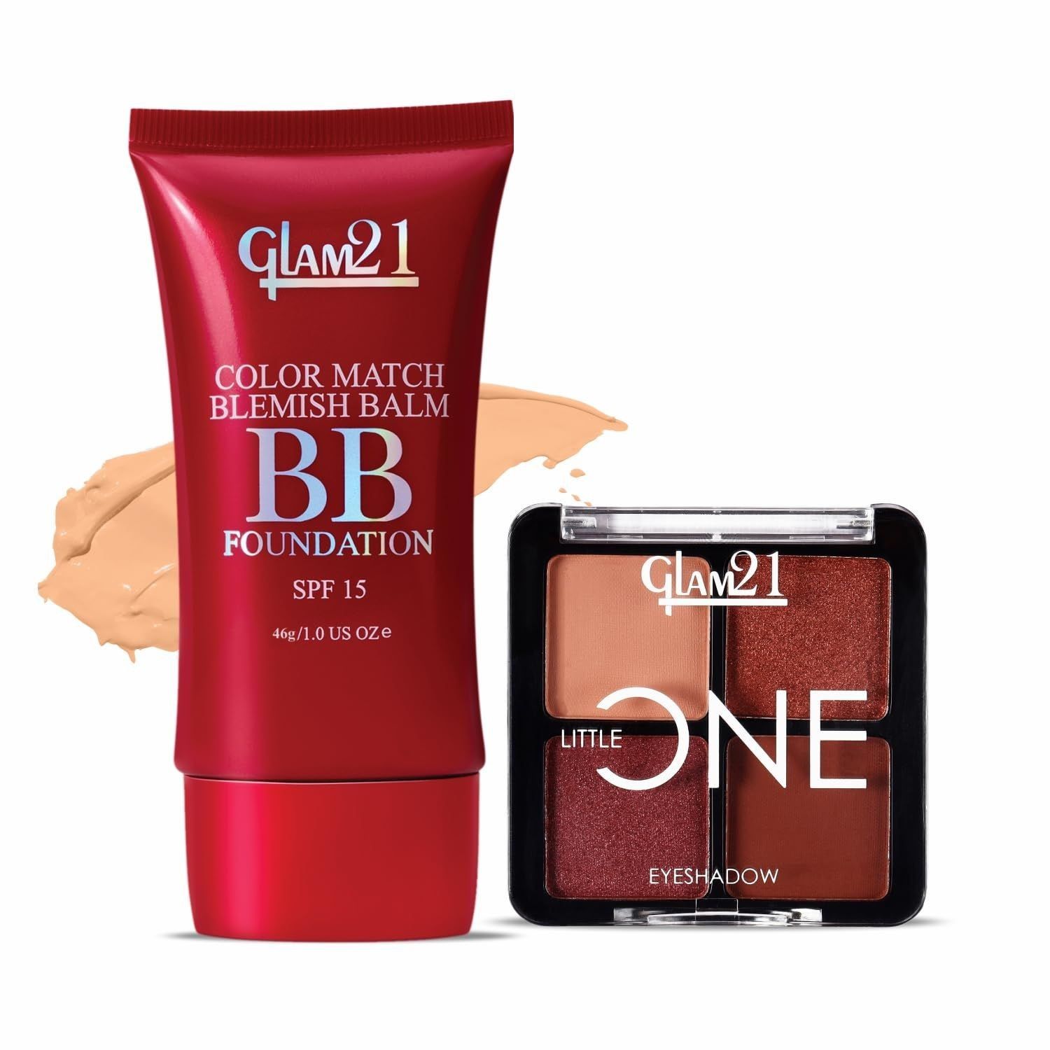 Glam21 Little One 4-in-1 Eyeshadow Palette- Portrait Mode,3.5gm & Color Match BB Foundation SPF15-Medium Beige,46gm|Pigmented, Long-Lasting Eyeshadow|Non-Cakey BB Cream, Blemish-Free Glow |Pack Of 2