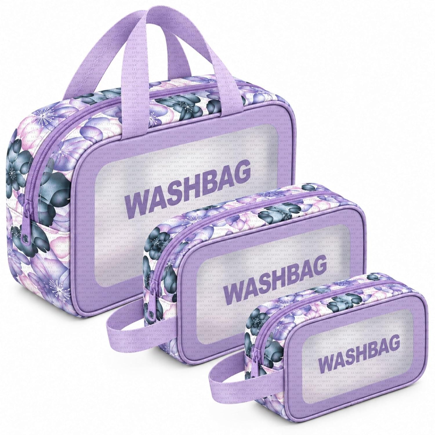 LUMONY® Makeup Pouch Bag PVC Travel Toiletries Organizer Cosmetic Bags Wash Bag Pouch for Travel Kit Toiletry Bag Portable Organizer Case Carry Pouch for Women Bathroom Set of 3 (Flower Design)