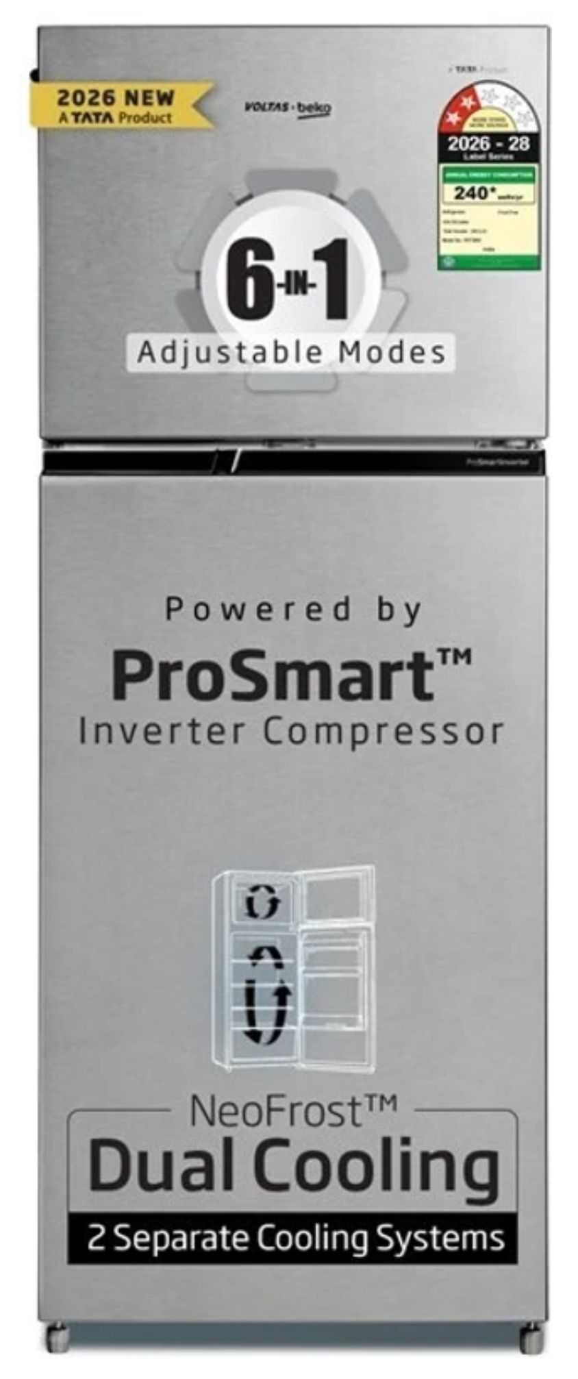 Voltas Beko 243 L Frost Free Double Door 2 Star Refrigerator (Hairline Silver, RFF280C / 2WPXIR010000GOP)