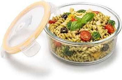 CELLO Fit & Fresh Round Lunch Box Container for Daily Use 400 ml, Clear | Microwave & Fridge Safe Toughened Glass Airtight Leakproof Food Storage Tiffin Box Container for Kitchen, Travel & Office Use