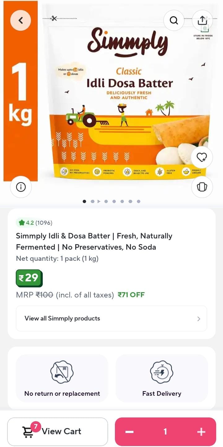 ZEPTO | Simmply Idli & Dosa Batter | Fresh, Naturally Fermented | No Preservatives, No Soda - 1kg