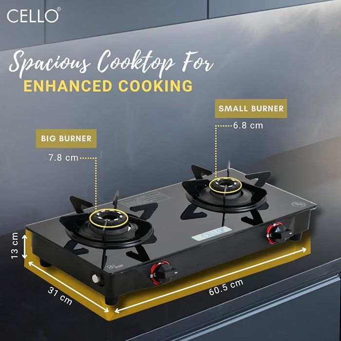 Cello Hexa Toughened Glass-Top 2 Black Aluminium Alloy Burner LPG Open Gas Stove