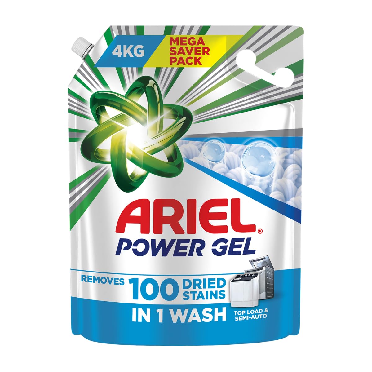 Ariel Power Gel Liquid Detergent for Top Load & Semi Auto - 4kg | Removes 100 Dried Stains in 1 Wash | Faster Dissolving | Long-Lasting Fragrance | Color Protection | At the price of Powders