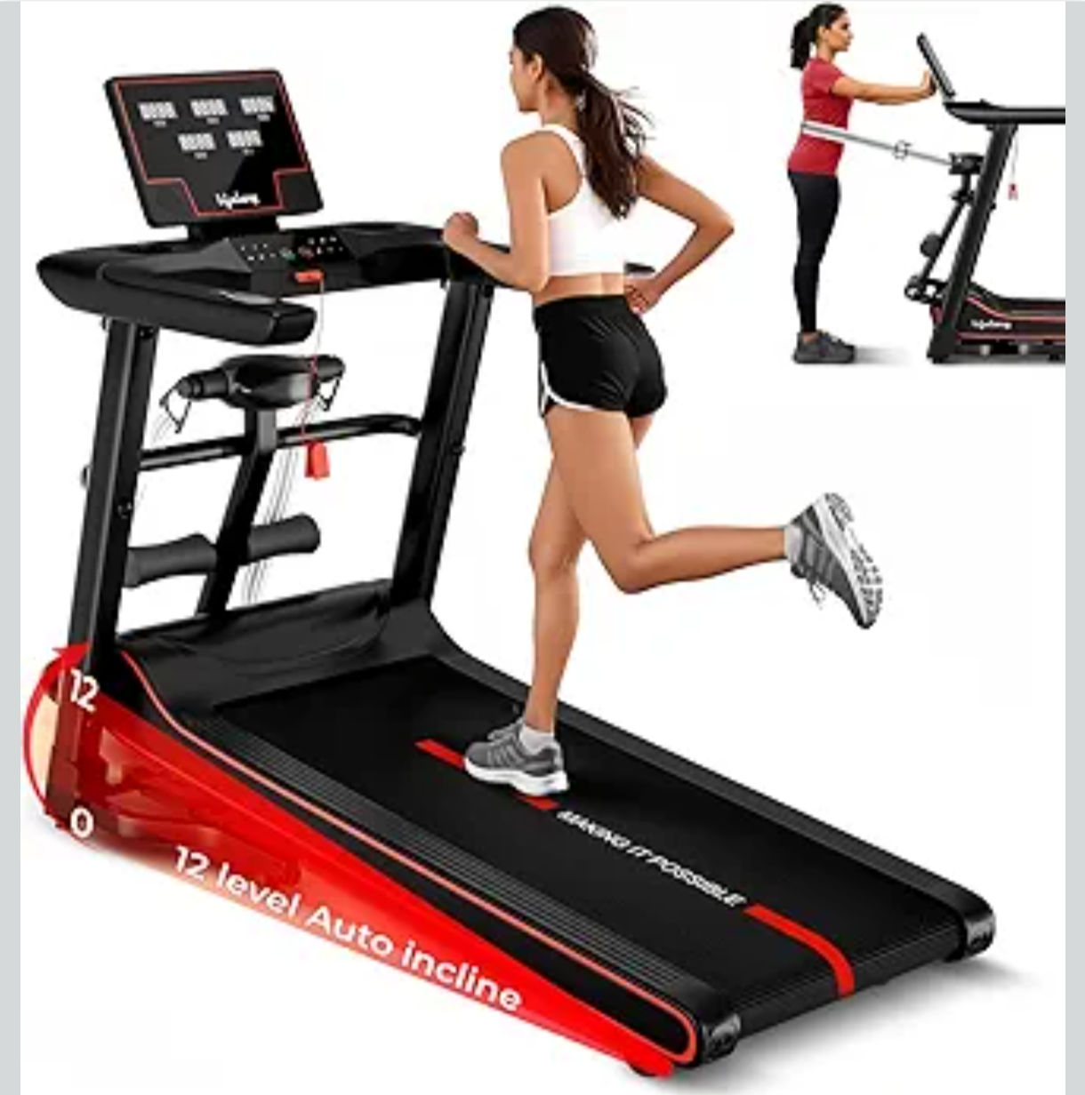 Lifelong FitPro Treadmill | 5HP Brushless Motor | 12 Level Auto Incline with Massager | Max Speed 14 km/hr |Bluetooth | FitShow App| Hydraulic Fold | LED Display with Pulse Sensors| Max Weight 120 kg