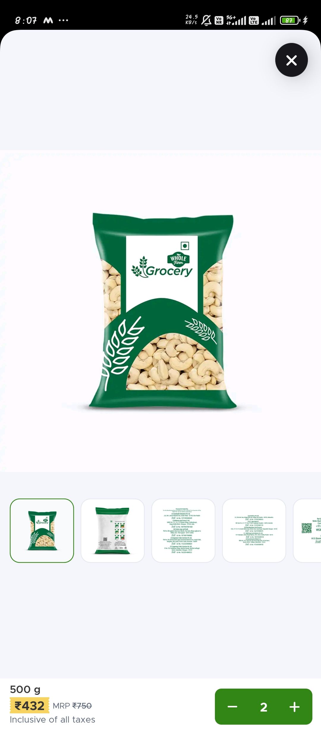 Whole farm grocery CASHEW 500gm @432