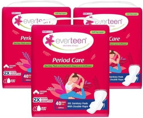 everteen XXL Soft Sanitary Pads for Women, Rash Free, Anti Tan, Skin Friendly, Double Wing Shape, Advanced Leak Protection, XX Large, 320mm - 3 Pack (40 Pads Each, 320mm)