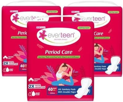 everteen XXL Soft Sanitary Pads for Women, Rash Free, Anti Tan, Skin Friendly, Double Wing Shape, Advanced Leak Protection, XX Large, 320mm - 3 Pack (40 Pads Each, 320mm)