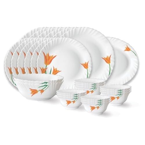 Larah by Borosil Firefly Fluted Series Opalware Dinner Set of 6 Full Plate 6 Quarter Plates 6 Veg Bowls 6 Soup Bowl 2 Serving Bowl and 1 Oval Rice Plate | Bone-Ash Free Crockery Set (White, 27 Pieces)