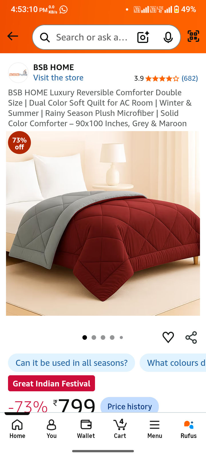 BSB HOME Luxury Reversible Comforter Double Size | Dual Color Soft Quilt for AC Room | Winter & Summer | Rainy Season Plush Microfiber | Solid Color Comforter - 90x100 Inches, Grey & Maroon