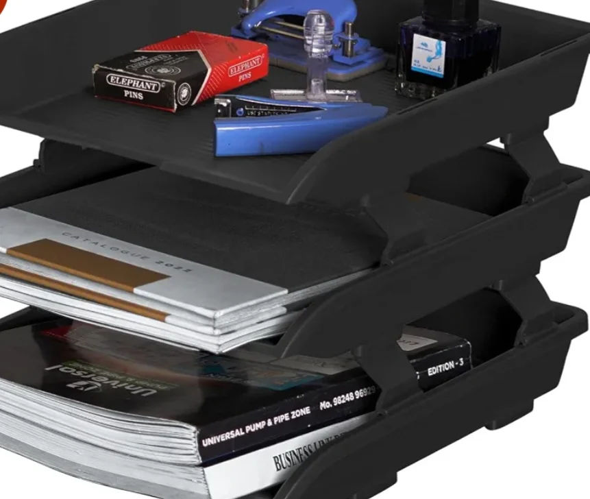 Primelife 3 Tier File Tray Organizer - Black | ABS Plastic Desk File Rack | Foldable Office Document & Paper Tray | Desktop Letter Holder for A4 Files, Books & Office Stationery