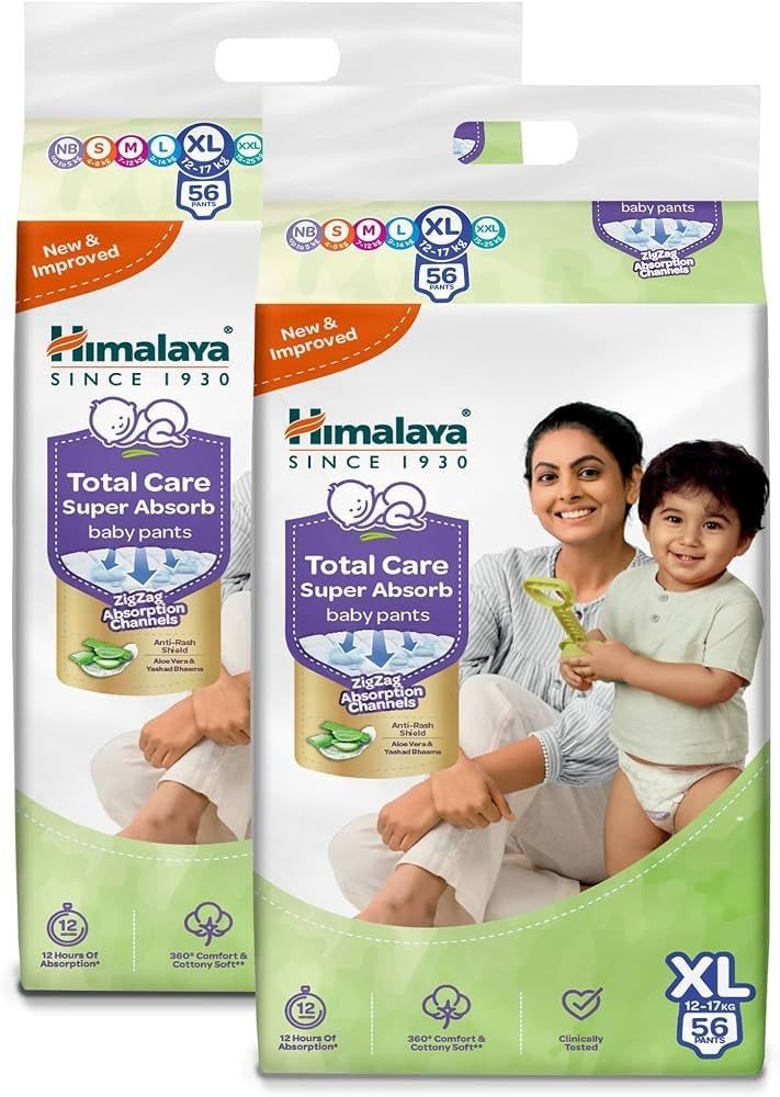 Himalaya Total Care Super Absorb Baby Pants Diaper | Size XL (Extra Large) 112 Count | Pack of 2 | 12-17 kg