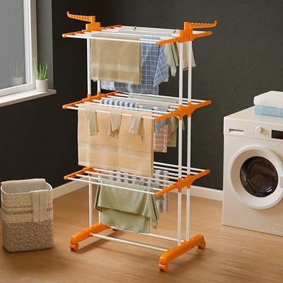 Happer Premium Clothes Stand for Drying with Wheels | Portable | 3 Layer Rack for Balcony (Orange | Prince Jumbo)