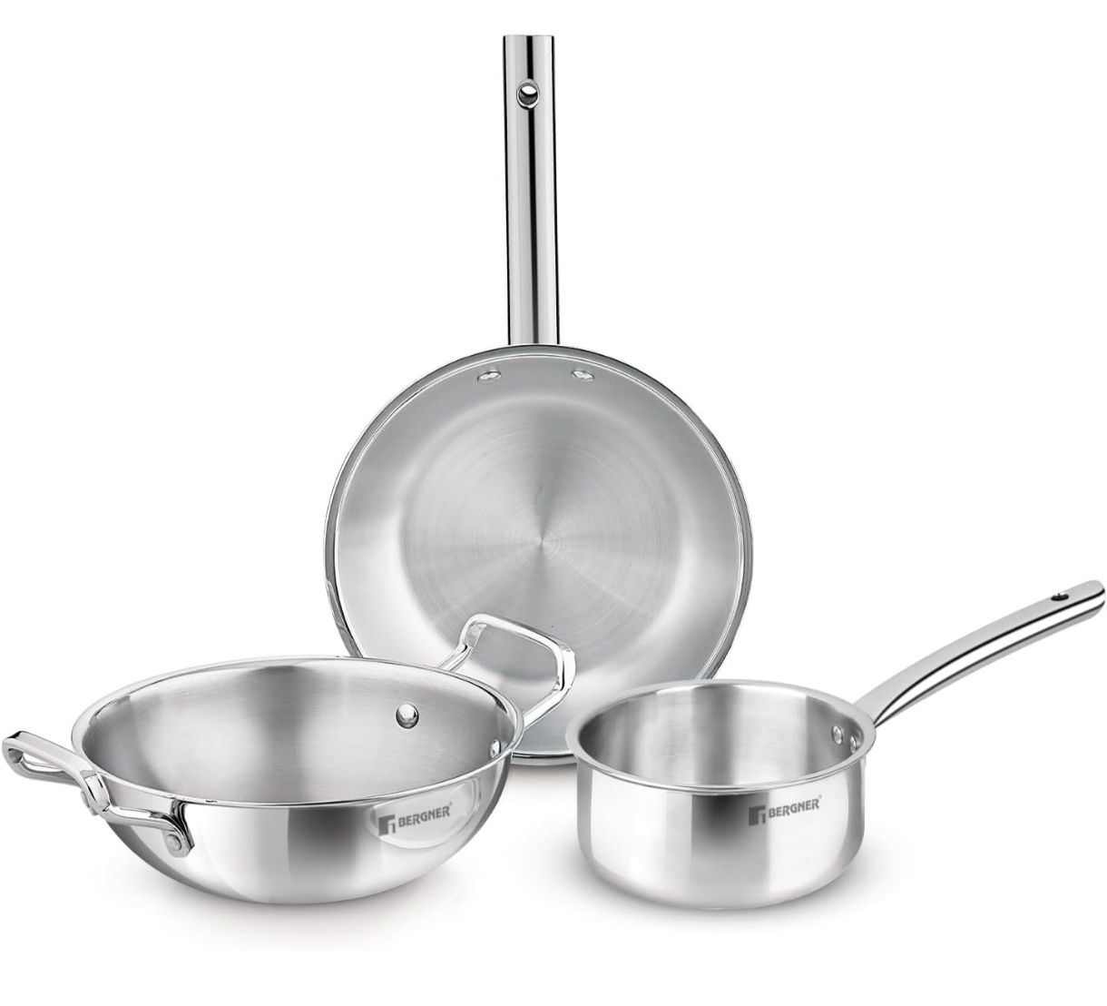 Bergner TriPro 3 Pcs Tri-Ply Stainless Steel Induction Bottom Cookware Set - 22cm (2L) Kadai and 22cm (1L) Frypan, 14cm (1.1L) Teapan, Less Oil Use, Easy to Clean - Induction and Gas Stove Ready