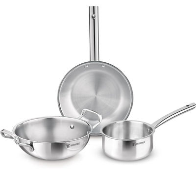 Bergner TriPro 3 Pcs Tri-Ply Stainless Steel Induction Bottom Cookware Set - 22cm (2L) Kadai and 22cm (1L) Frypan, 14cm (1.1L) Teapan, Less Oil Use, Easy to Clean - Induction and Gas Stove Ready
