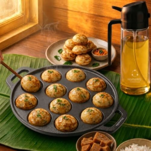 HomeWiz Cast Iron Appe Pan 12 Cavity 26 cm | Free Oil Dispenser 500ml | Naturally Non-Stick | Works On Induction & Gas
