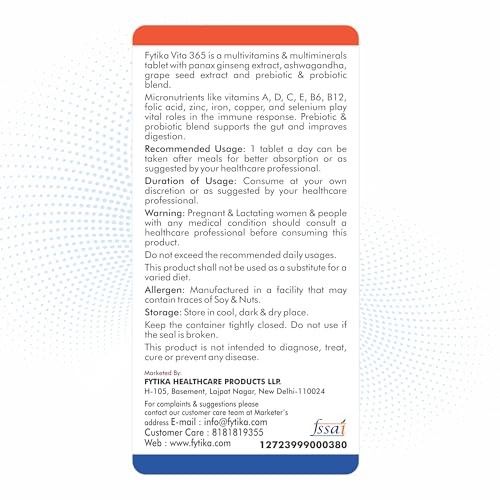Fytika Vita 365-60 Tablets (Pack of 1) | Multivitamin For Men and Women | With Ashwagandha, Ginseng, Probiotics & Prebiotics and Biotin| Enhances Energy, Immunity and Digestion