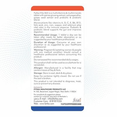 Fytika Vita 365-60 Tablets (Pack of 1) | Multivitamin For Men and Women | With Ashwagandha, Ginseng, Probiotics & Prebiotics and Biotin| Enhances Energy, Immunity and Digestion