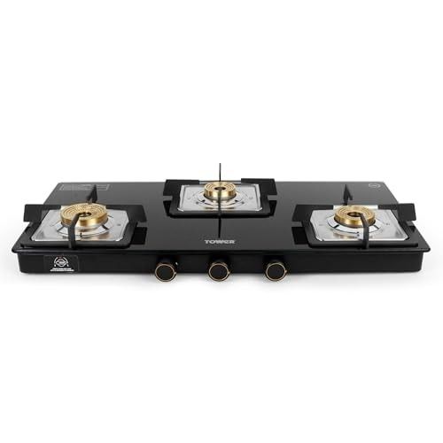 Tower Gas Stove 3 Burner 8mm Toughened Glass Brass Valves Lpg Black