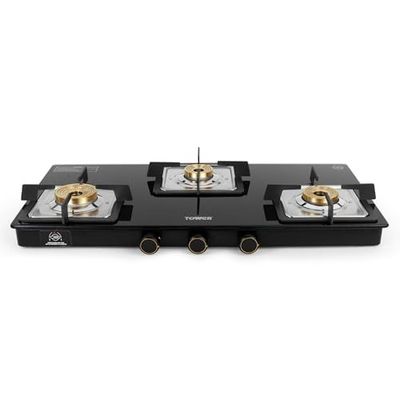 Tower Gas Stove 3 Burner 8mm Toughened Glass Brass Valves Lpg Black