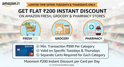 Amazon Fresh, Pharma & Grocery - Flat Rs 200 instant discount with HDFC Mastercard Debit Card