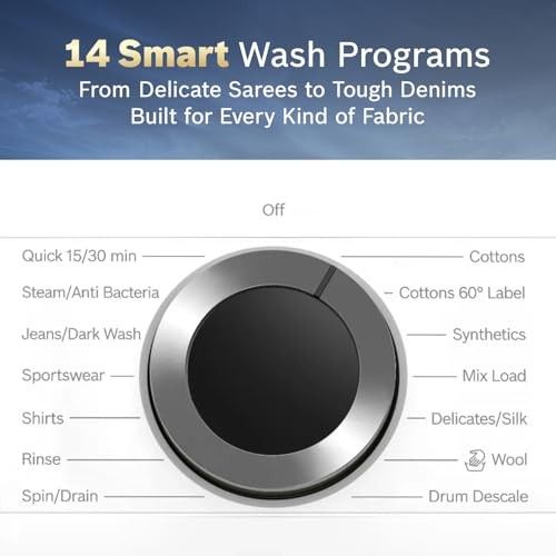 Bosch 9 kg 5 Star Front Load Fully-Automatic Washing Machine, AI ActiveWater, 14 Wash Programs, Removes 99.9% Germs with Steam, No Tangle or Wrinkle, SoftCare Paddle,Zero Vibration, White, WGA14200IN