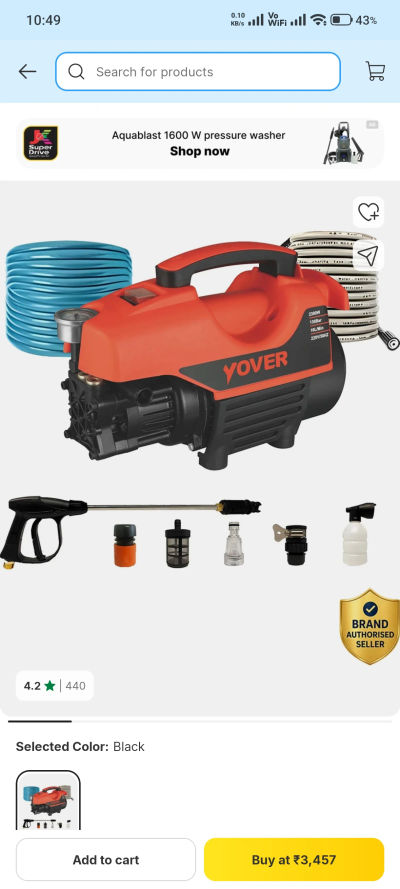 Take a look at this YOVER ELITE 2200W 185 Bar 10L/Min Home cleaning purpose for Car/Bikes High Pressure Washer