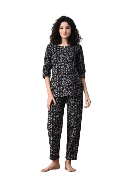 Ichaa Women's Cotton Printed Round-Neck Night Suit Set with Pocket