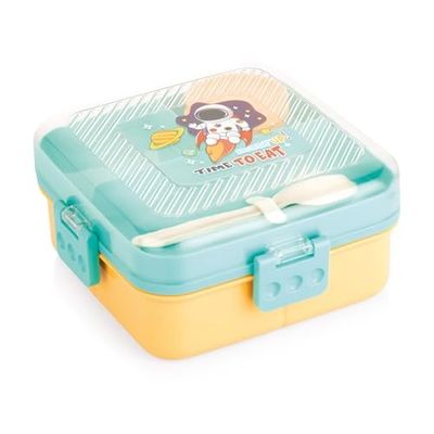 ATTRO My Lunch 2 Layer Plastic Lunch Box Comes with Fun Dinosaur Print, 1 Detachable Tray, 1 Small Container & 1 Spoon Ideal for Kids BPA Free 1590ml+70ml- Yellow