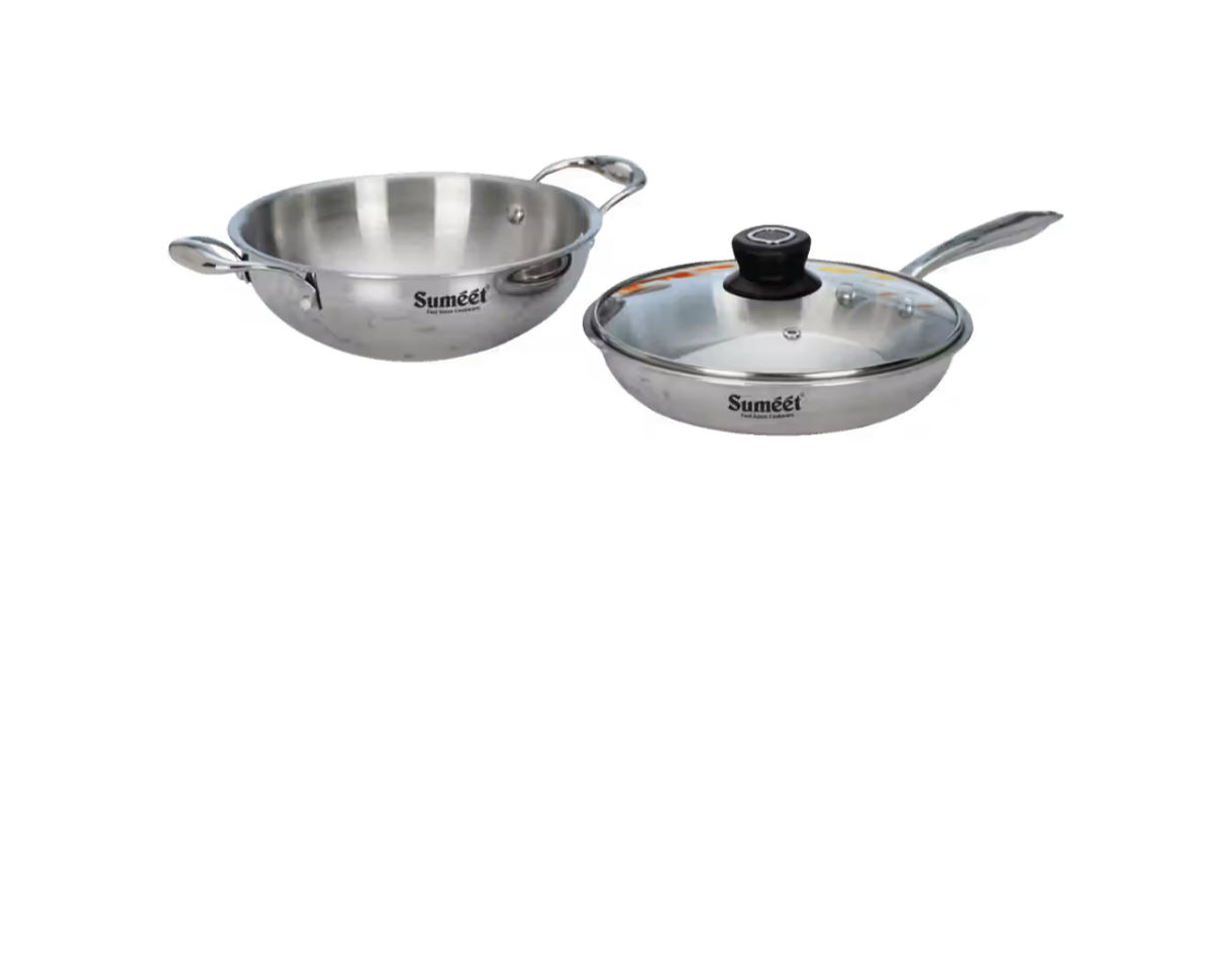 Instamart - Sumeet CookSmart TriPly Stainless Steel Cookware Set with Glass Lid (Deep Kadai 20cm - 1.7L, Frypan 20cm - 1L, Set of 3, Silver)
