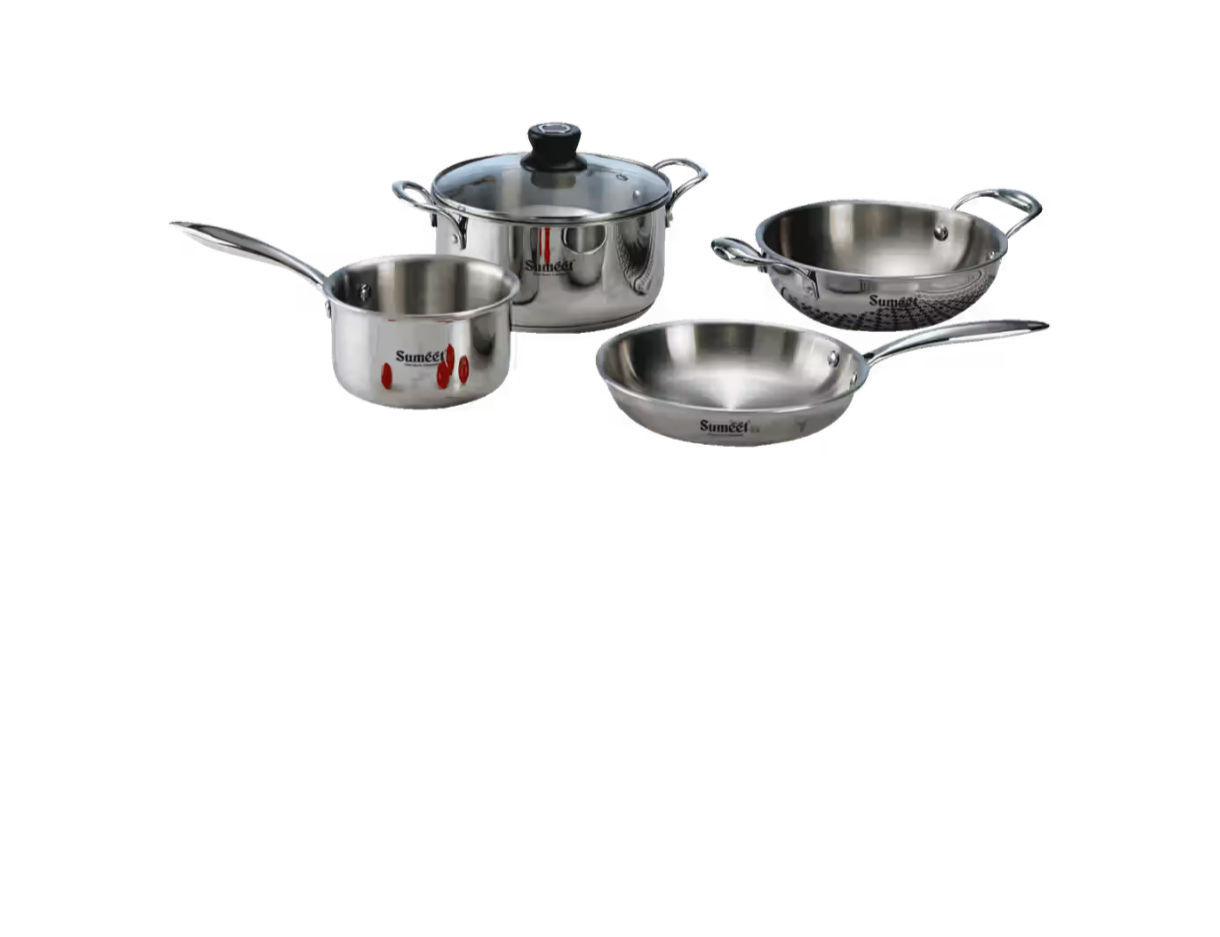 Instamart - Sumeet CookSmart TriPly Stainless Steel Cookware Set with Glass Lid (Deep Kadai 20cm - 1.7L, Frypan 20cm - 1L, Saucepan 14cm - 1.15L, Casserole 20cm - 2.9L, Set of 5, Silver)