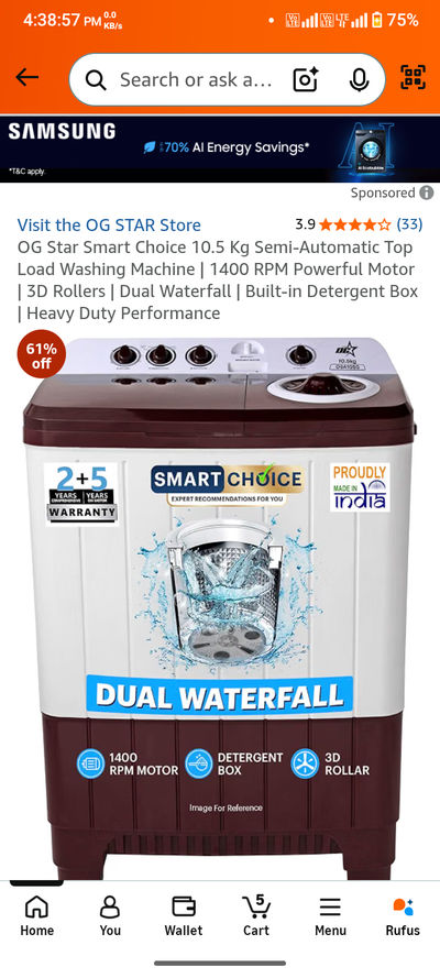 OG Star Smart Choice 10.5 Kg Semi-Automatic Top Load Washing Machine | 1400 RPM Powerful Motor | 3D Rollers | Dual Waterfall | Built-in Detergent Box | Heavy Duty Performance