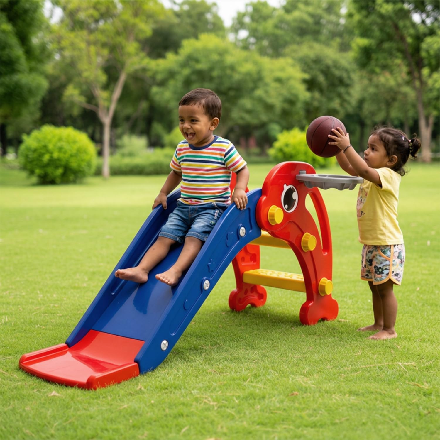 Amazon Brand - Solimo Dolphin 2-in-1 Toddler Slide with Basketball Hoop & Ball | Small | Indoor & Outdoor | Safe for Boys & Girls | Age 2+ Years | Easy Assembly | Red & Blue