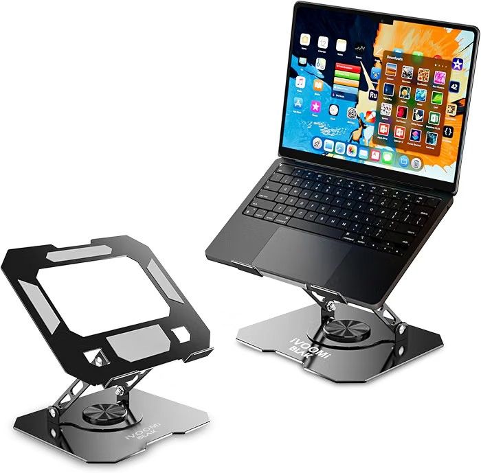 iVOOMi Blak Laptop Stand for Desk with Cooling Vent, Adjustable 360° Rotating Metal Laptop Stand, Foldable Laptop