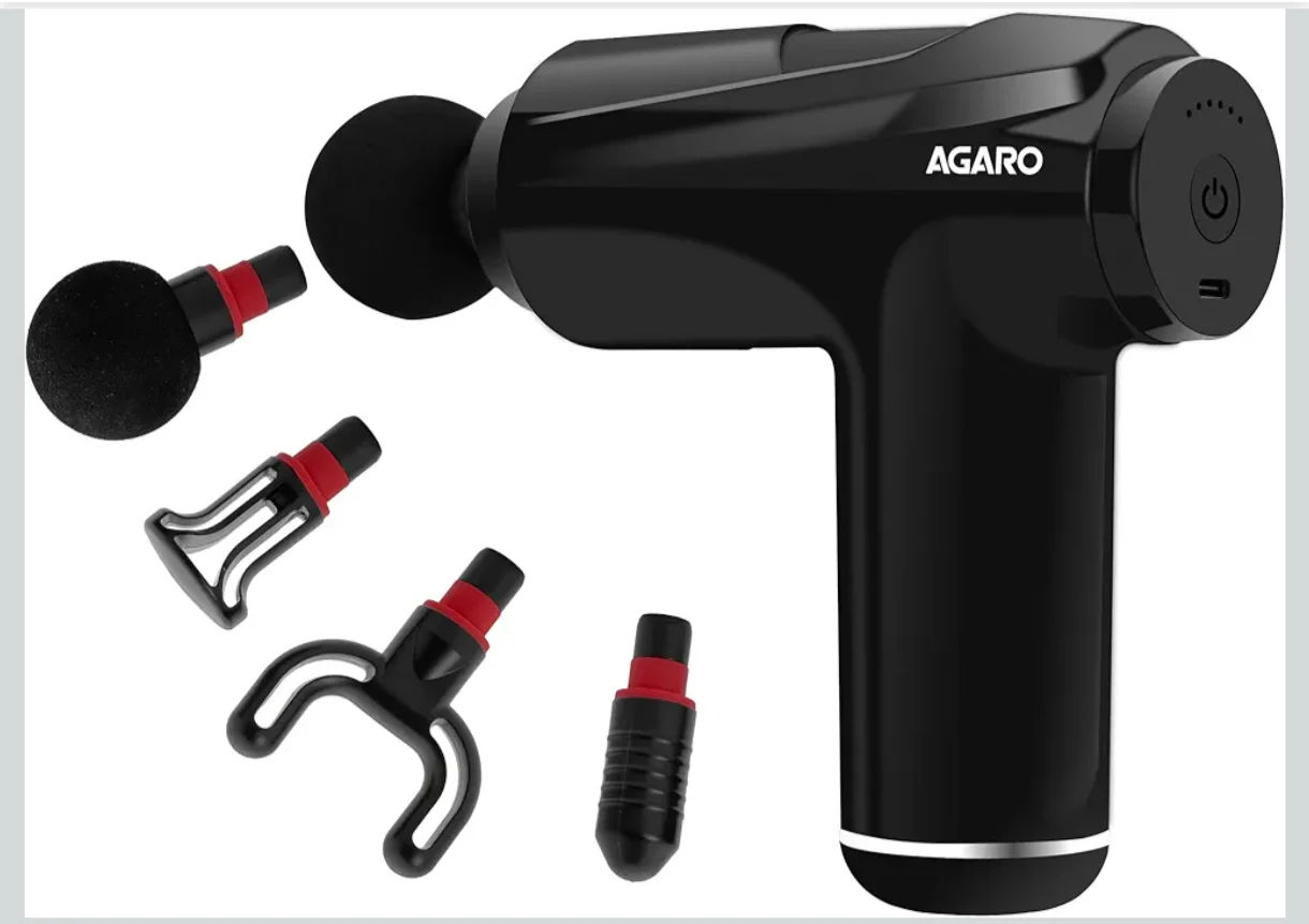AGARO Primo Gun Massager, 4 Heads, 6 Speed, Rechargeable, Handheld, Deep Tissue Muscle Massager for Full Body Relief, Muscle Relaxation of Neck, Shoulder, Back, Foot for Men & Women, Black.