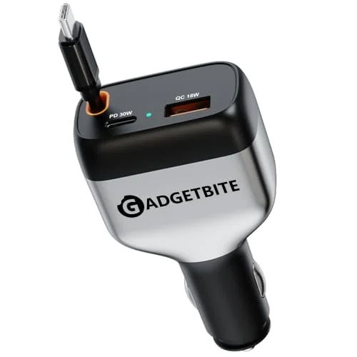 GadgetBite EON 84W Fast Car Charger with Dual Type-C PD 30W & 33W, USB-A 18W Output, Multi-Port Charger with Built-in Cable 0.85m, Universal Compatibility for Smartphones, Tablets & iOS (Grey)