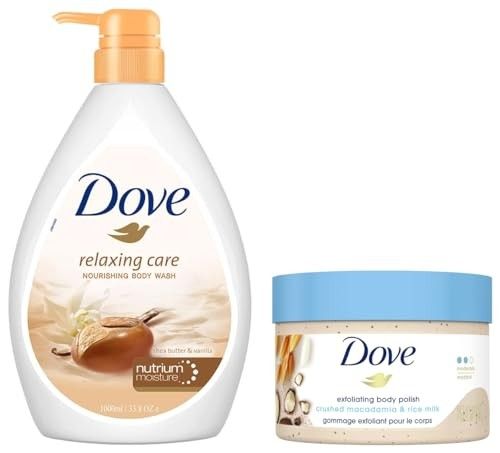 Dove Exfoliating Body Polish| Body Scrub 298gm & Dove Relaxing Shea Butter Body Wash 1L