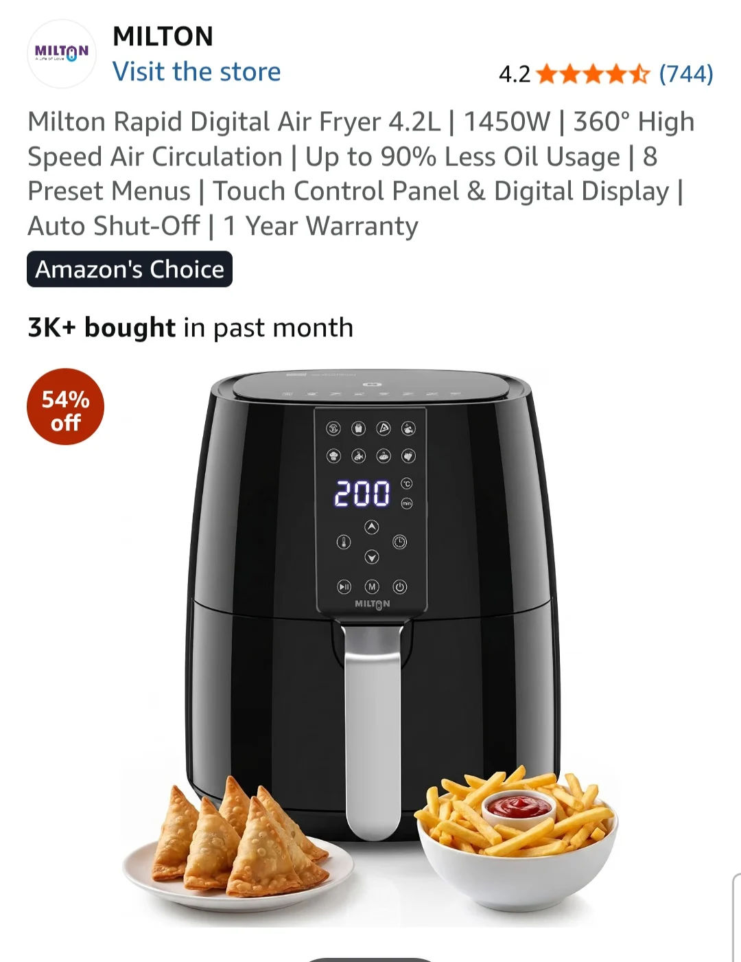 Milton Rapid Digital Air Fryer 4.2L | 1450W | 360° High Speed Air Circulation | Up to 90% Less Oil Usage | 8 Preset Menus | Touch Control Panel & Digital Display | Auto Shut-Off | 1 Year Warranty