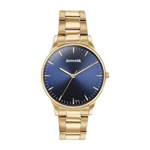Sonata Quartz Analog Blue Dial Golden Stainless Steel Strap Watch for Men